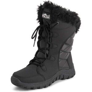 Womens Black Quilted Faux Fur Cuff Winter Duck Boots with Rubber Sole